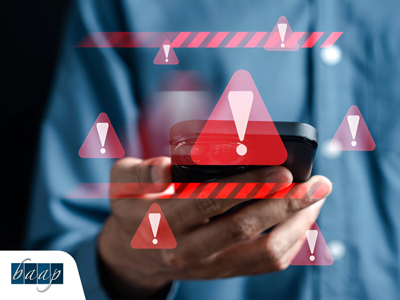 Person holding a smartphone with multiple red warning icons and exclamation marks, symbolizing scam alerts, with BAAP logo in the corner.